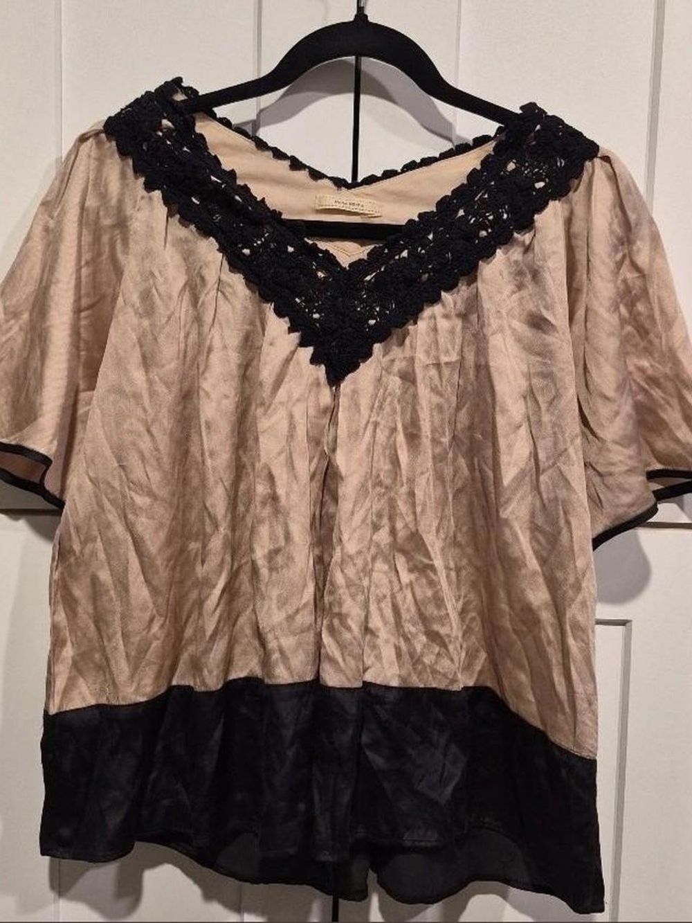 Beige and Black Crochet-Trim Women's Top